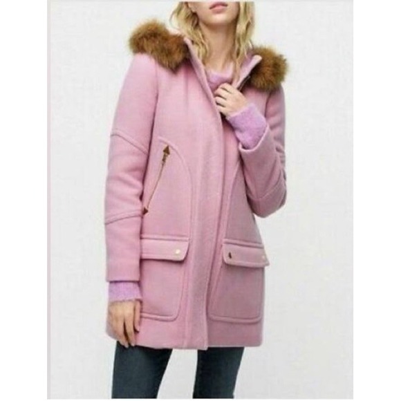 NEW J Crew Nello Gori Stadium Cloth Lilac Coat Fur Hood Size 6 - Picture 1 of 5